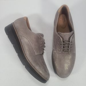 Clarks Shaylin Lace Up Metallic Platinum Nubuck Leather Shoes Women Size 9